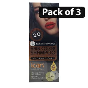 (Pack of 3) Ican London Hair Color Shampoo Natural Black 2.0 100% Gray Coverage 400ml