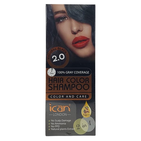 Ican London Hair Color Shampoo Natural Black 2.0 100% Gray Coverage 400ml