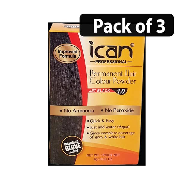 (Pack of 3) Ican Professional Permanent Hair Color Powder Jet Black 1.0 6g