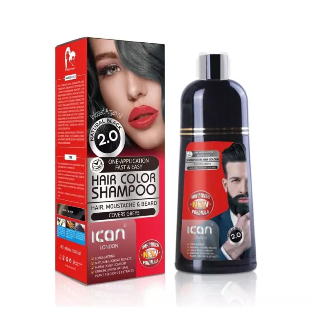 Ican London Hair Color Shampoo Natural Black 2.0 100% Gray Coverage 400ml