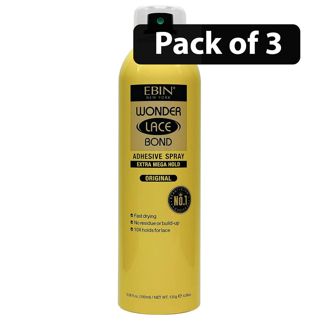 (Pack of 3) Ebin Wonder Lace Bond Extra Mega Hold Adhesive Spray Original 180ml (Pack of 3) Ebin Wonder Lace Bond Extra Mega Hold Adhesive Spray Original 180ml