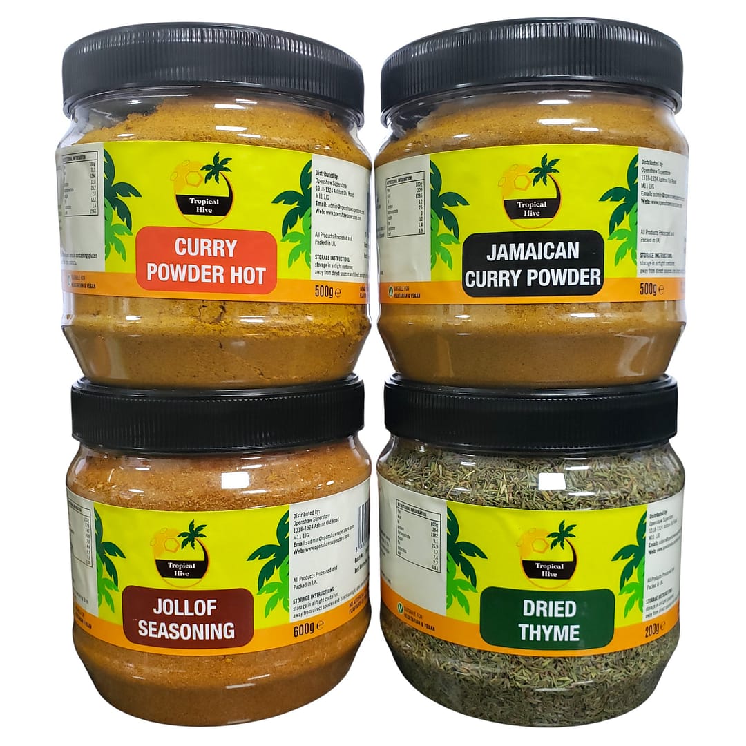 Tropical Hive Mix Seasonings – Curry Powder (Jamaican & Hot- 500g), Jollof Seasoning (600g) & Premium Dried Thyme (200g) 1 Curry Powder Mild, Jamaican, Jollof, Dryed Thyme