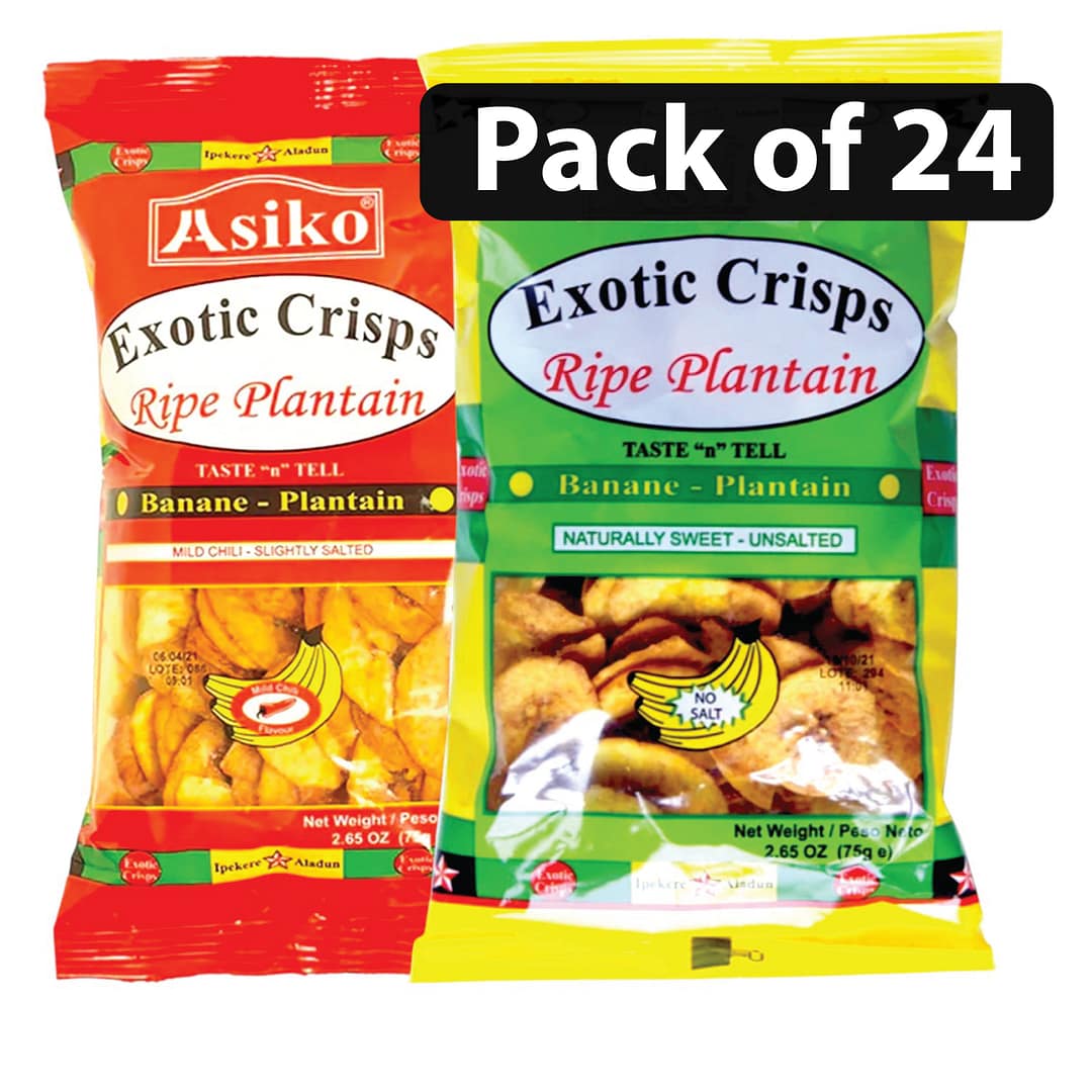 (Pack of 24-12 Red, 12 Green) Asiko Exotic Mixed Crisps Ripe Plantain 75g (Pack of 24-12 Red, 12 Green) Asiko Exotic Mixed Crisps Ripe Plantain 75g