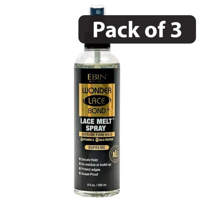 (Pack of 3) Ebin Wonder Lace Bond Lace Melt Spray Extreme Firm Hold 250ml (Pack of 3) Ebin Wonder Lace Bond Lace Melt Spray Extreme Firm Hold 250ml