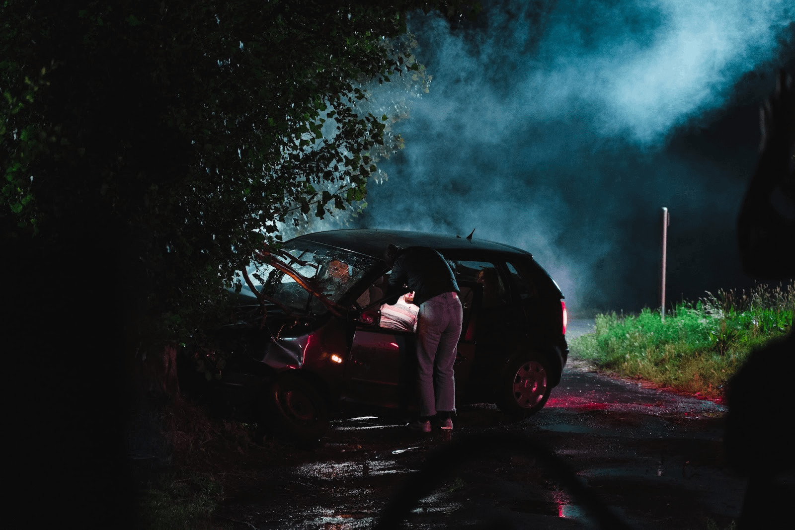 A car in a hedge at night
