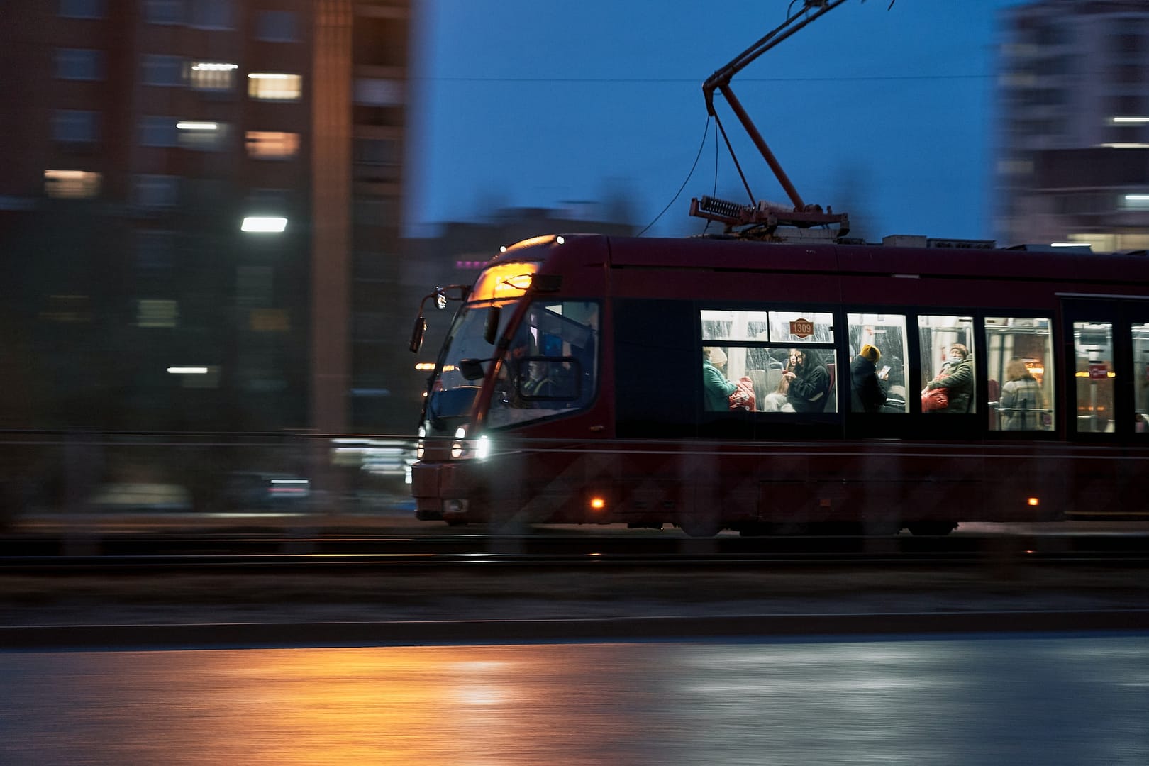 A tram at night
