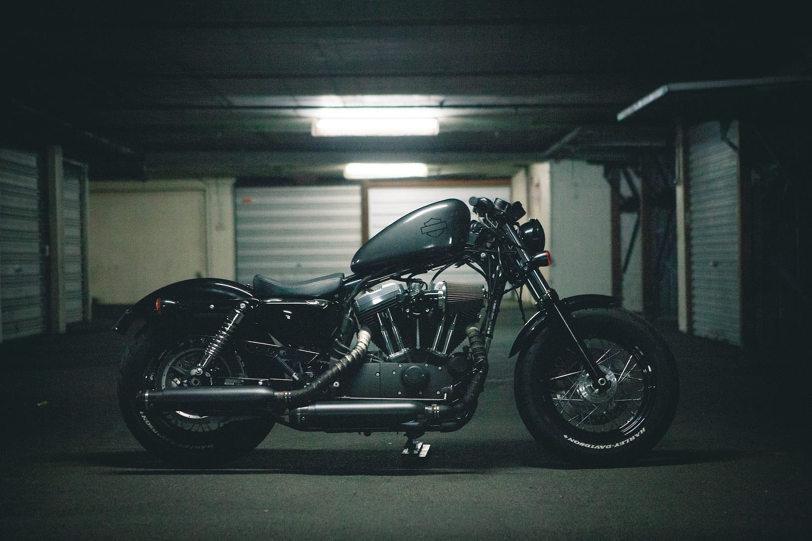 A motorbike parked in a garage