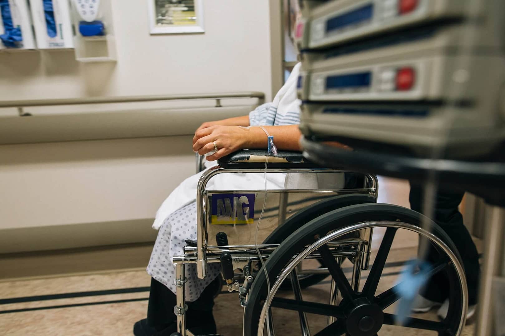 A hospital patient in a wheelchair