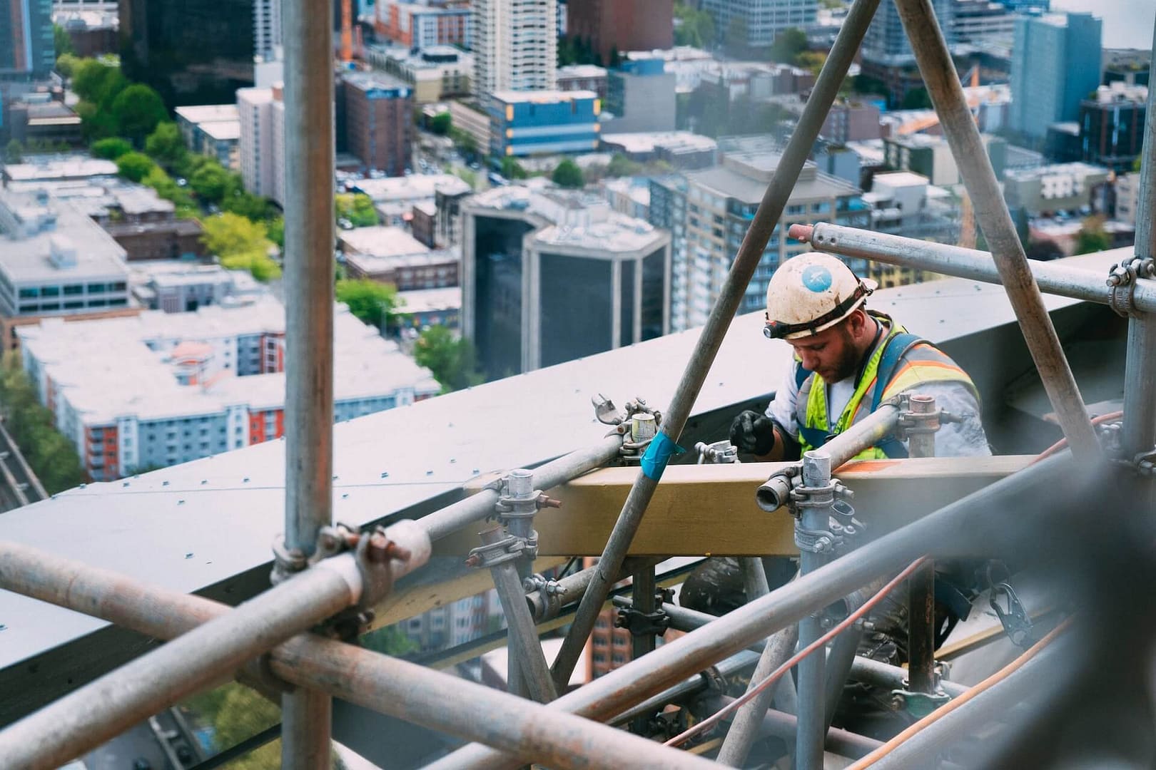 Someone working high up on scaffolding