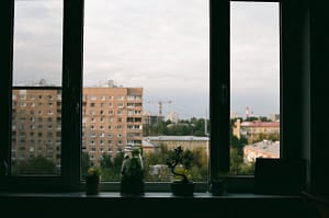 Block of flats through a window