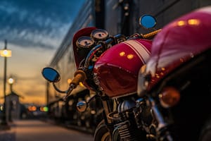 A parked red motorbike