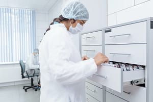 A doctor looking through a filing cabinet