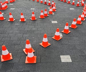 traffic cones set out during a driving test