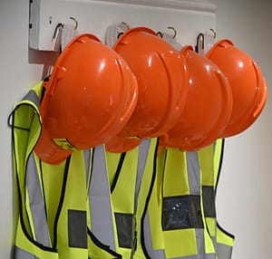 hard hats and hi vis vests on hooks