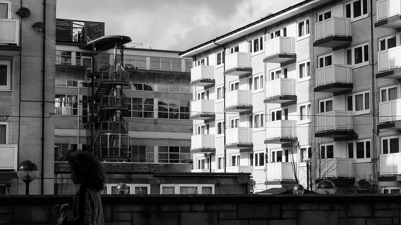 Black and white photo of a housing estate