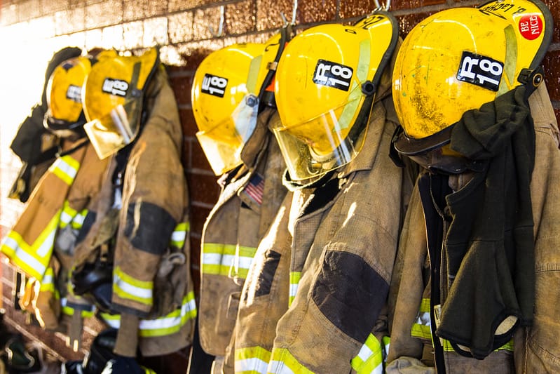 Firefighter uniforms hanging