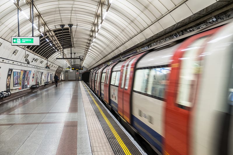 the train approaching the platform at Angel station